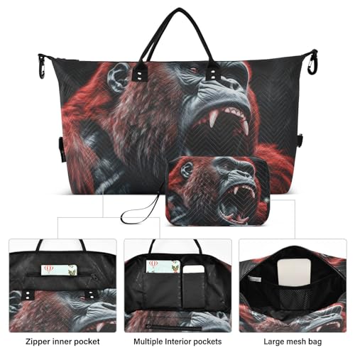 Large Travel Duffel Bag, Red Black Gorilla Sport Tote Gym Bag, Shoulder Weekender Overnight Bag for Women Men, Carry On Luggage with Toiletry Bag2