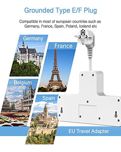 Travel Plug Extension, UK To EU Multi Plug with USB, 3 Way Individual Switched Sockets with USB C Extension Cord (10A/2500W) - Image 3