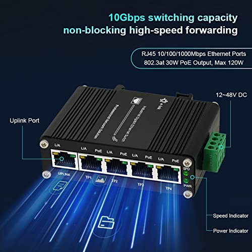 Image of Mini Industrial 5 Ports Gigabit PoE Switch - Hardened RJ45 10 /100 /1000Mbps 802.3at 30W /Port Ethernet Din Rail Mount PoE+ Unmanaged 10Gbps Switching Capacity