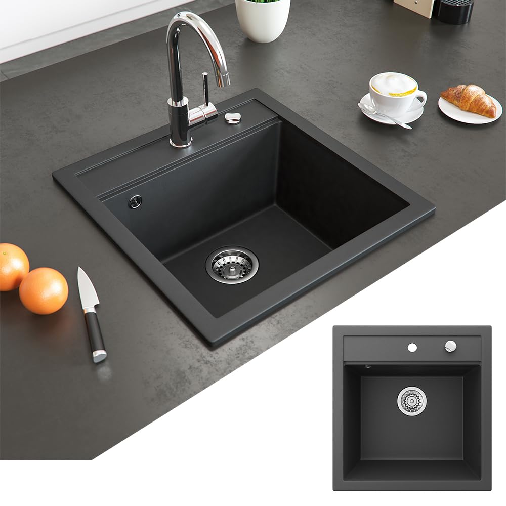 Bergström Fregadero "Tesa", Negro, 50 x 49 cm | con desagüe y orificios preperforados para grifería