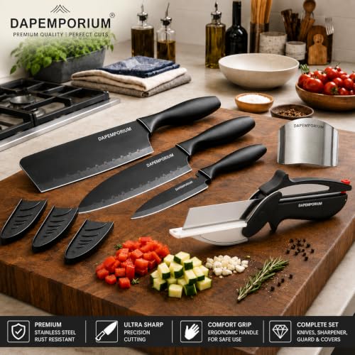 Image of 3 Pcs Kitchen Knife Set Slicer Cutter Finger Guard Stainless Steel Black Coated Chef Cleaver Paring Knives Vegetable Fruit Chopping Slicing Cutting Cooking Kitchen Tools Daily Use