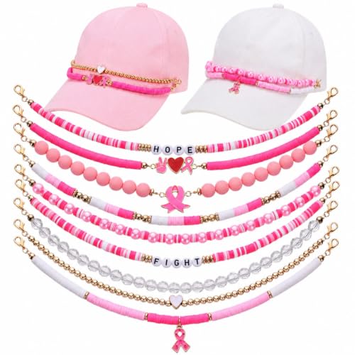 Image of Geyoga 9 Pcs Breast Cancer Awareness Trucker Hat Chains Pink Trucker Hat Charms Women Man Bill Decoration Detachable DIY Metal Chain for Mesh Baseball Cap