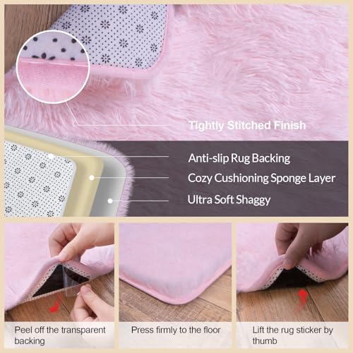 Pink Rugs for Living Room, 4x6 Feet Large Fluffy Area Rugs for Bedroom, Soft Carpet Shag Kids Rug with 4 Non-Slip Rug Pads (4ft x 6ft, Pink)