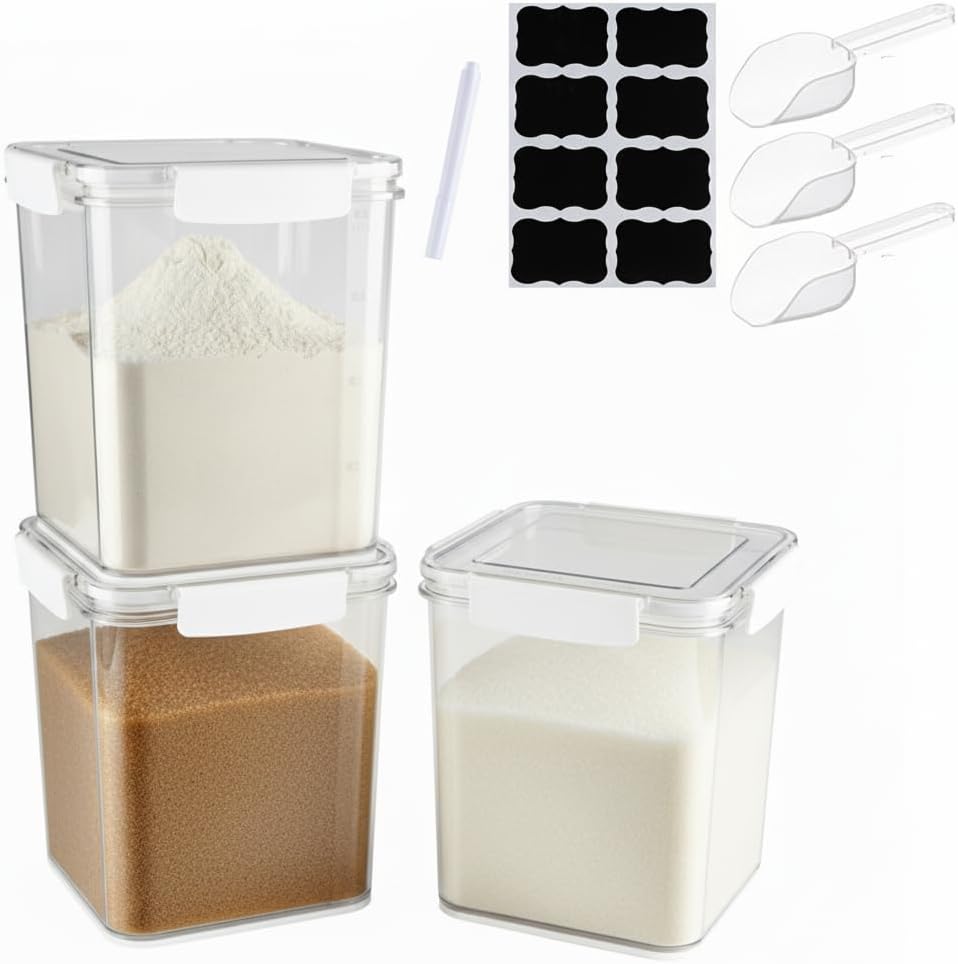 Plastic Containers With Lids for Food, 3Pcs Airtight Food Storage Containers for Pantry, Flour and Sugar Containers Set, BPA Free Clear Stackable Kitchen Storage Bins for Home,Pantry