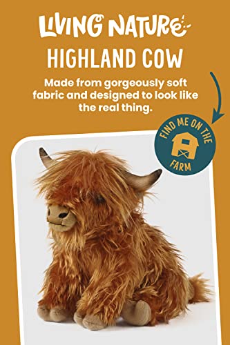 Living Nature Brown Highland Cow with Mooing Sound, Realistic Soft Cuddly Farm Toy, Naturli Eco-Friendly Plush, 22cm