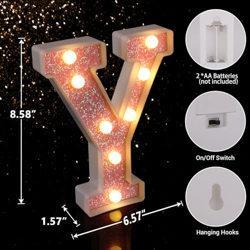Image of LED Letter Lights Pink Glitter Marquee Letters Light Up Alphabet Letters Sign Battery Powered for Home Party Decoration Night Bar Wedding Birthday Christmas Lamp Girls Gift - Letter Y