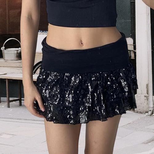 Cathery Women's Sequin Mini Skirts Mid Rise Tiered Ruffled A Line Layered Tiered Sparkly Party Club Going Out Short Skirt4