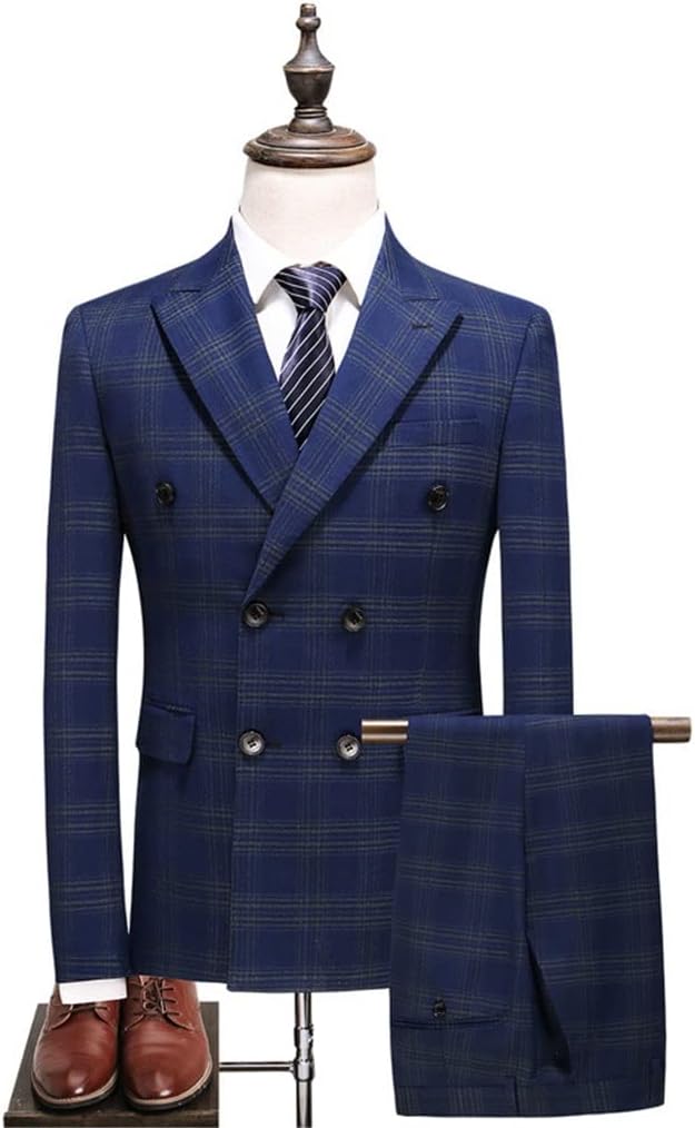 TJLSS Men Plaid Suits Slim Fit Business Office Work Wedding Groom Suit Banquet Double Breasted 3 Pieces (Color : Blue, Size : L Code)