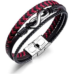 ATEIELLI Pulsera Infinito Cuero PU Marrón Acero Inoxidable Longitud 21cm JWB309 (Rojo)