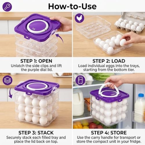Image of Egg Storage Box - Egg Refrigerator Rectangular Storage Tray Stackable Abs Plastic Egg Storage Containers For Fridge And Kitchen Egg Storage Basket With Carry Holder (3 Layer)