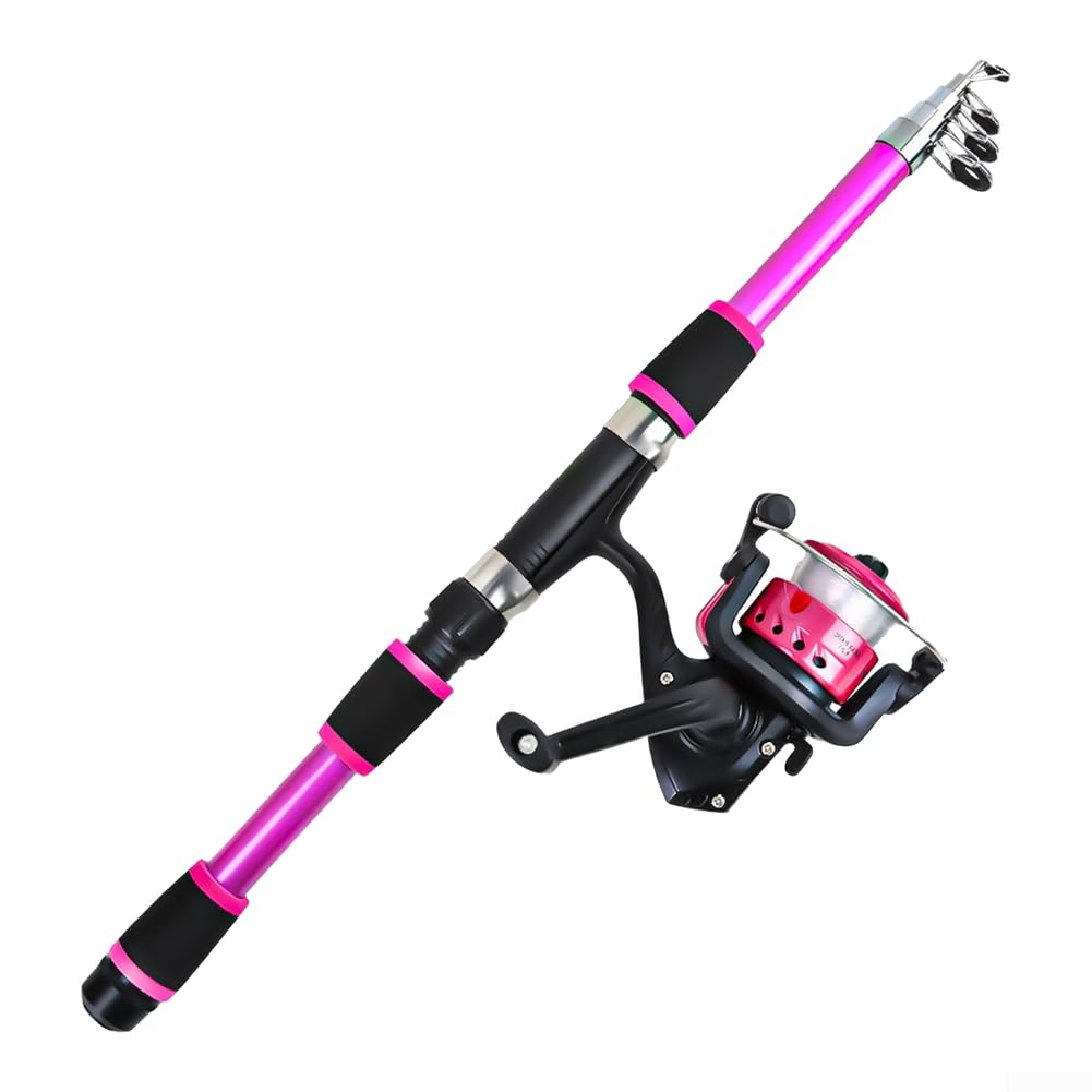 Portable Telescopic Fishing Rod With Reel Lightweight Fiberglass Hard Tonality Compact Design 1.8m Length EVA Handle Multiple Color Options Suitable(1.8m Pink)