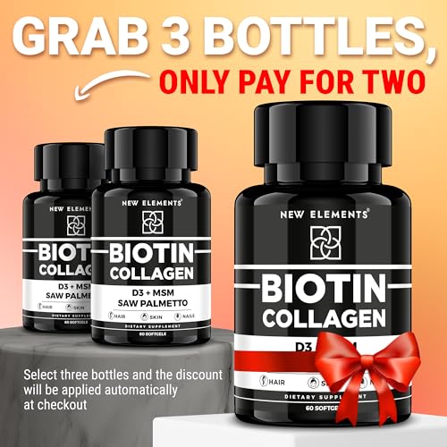 Image of New Elements 9X Hair Skin and Nails Vitamins - Biotin 10 000 mcg with Horsetail Supplement, Collagen, Keratin, Niacin, MSM, D3, Saw Palmetto, Pumpkin Seed Oil | Supports Hair Growth for Men & Women