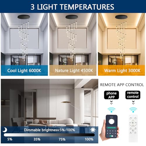 Image of 20-Lights Chandelier LED Dimmable Chandeliers for Entryway Flush Mount Ceiling Pendant Light Fixture Crystal Chandeliers for Living Room Black Finished Lighting Modern 156in High Ceiling Chandelier