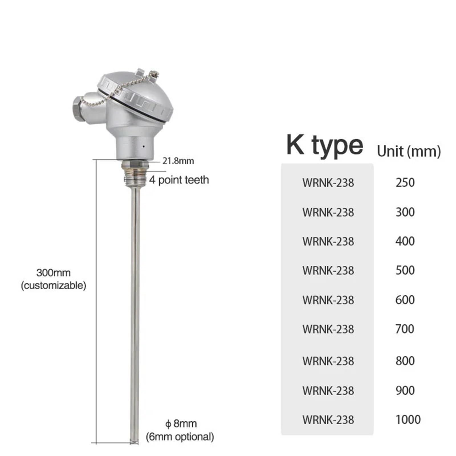 1 Uds termopar de horno tipo K WRNK-238 Sensor de sonda de alta temperatura | Acero inoxidable blindado(HS35R10245172.1024. 10mm.)