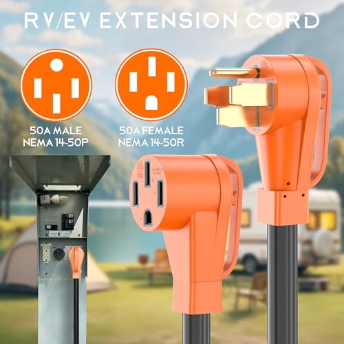 Image of 50 Amp RV /EV Extension Cord 50 Feet, Heavy Duty STW Wire, NEMA 14-50P to 14-50R, for Tesla Model 3 /S /X /Y EV Charging and RV Trailer Campers