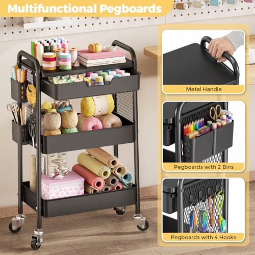 KINGBOARD 3 Tier Metal Rolling Cart with Drawer, Black Utility Storage Cart by KINGBOARD - Used condition - Image 4