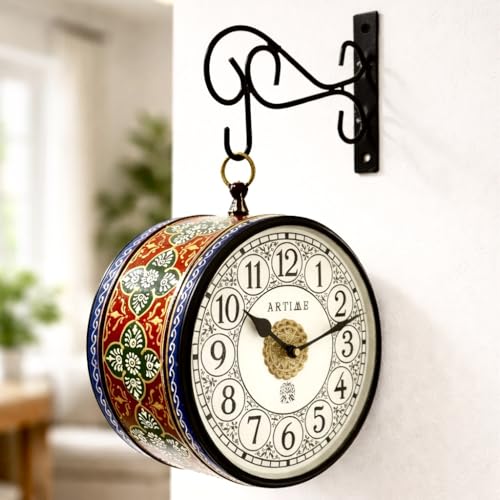 Image of Handcrafted Double Side Metal Analog Vintage Wall Clock | 1.5 Year Machine Warranty | 8 INCHES | 1 Side Number 1 Side Roman,Color (Blue Handprint)