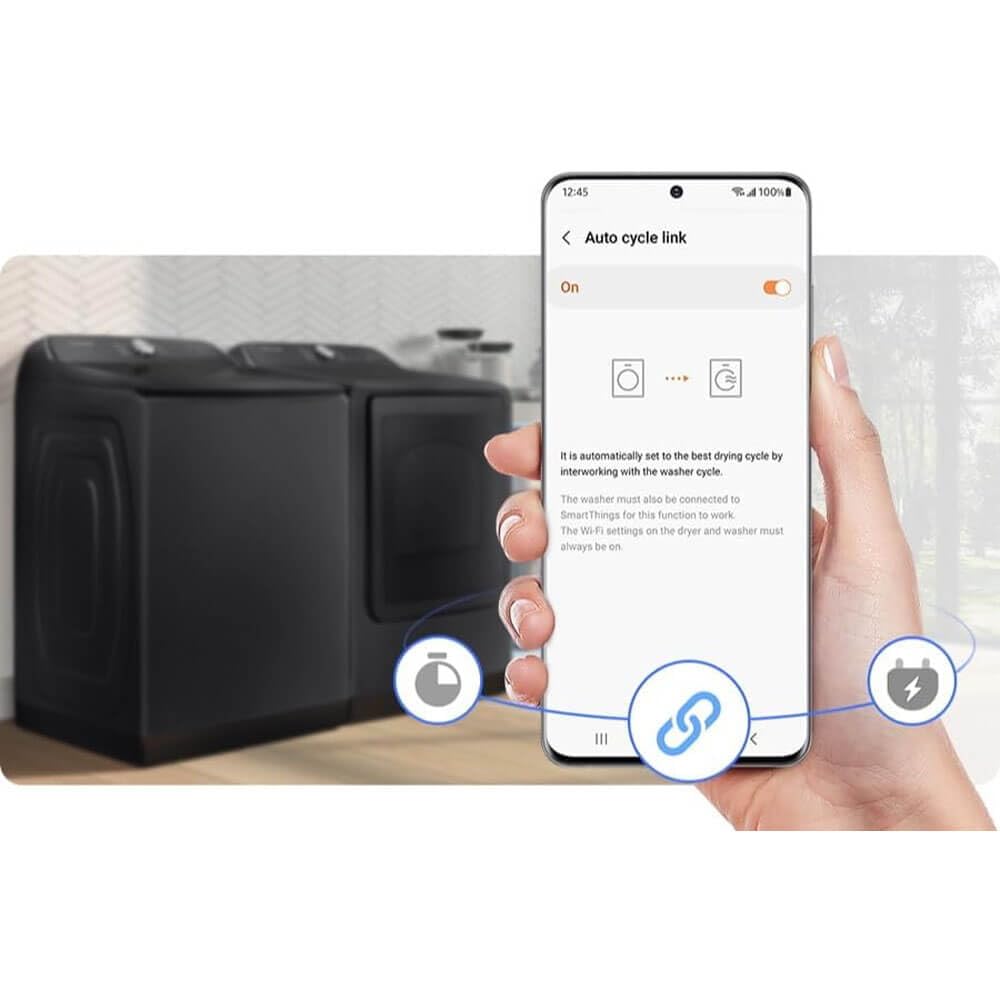 Samsung Smart 4.7 Cu Ft Top Load Washer & 7.4 Cu Ft Electric Dryer, Sensor Stops Overdrying, Low Vibration Quiet Wash, WaterJet w/Power Cords, Hoses, Vent Duct, 1 Year CPS Protection Bundle (Black)