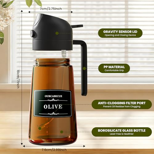 Image of Olive Oil Sprayer & Dispenser for Cooking, 16oz Dark Glass Oil Mister, 2PC | 2-in-1 Oil Sprayer & Pourer, Fine mist, Light-Blocking, Wide Mouth for Easy Refill & Clean, 8 Oil Labels, Reusable