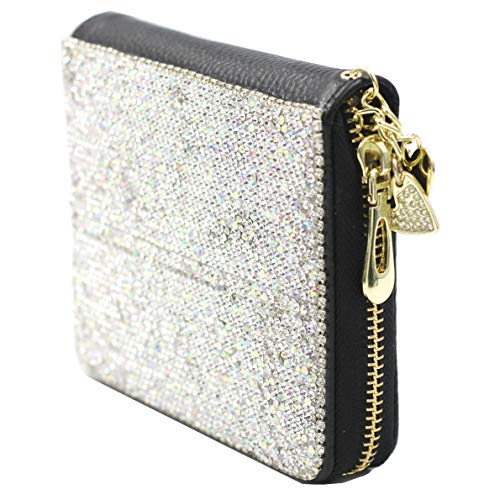 Bling Crystal Credit Card Wallet Leather RFID Wallet for Women Wallet Zip Leather Card Case Holder Organizer (Silver)3