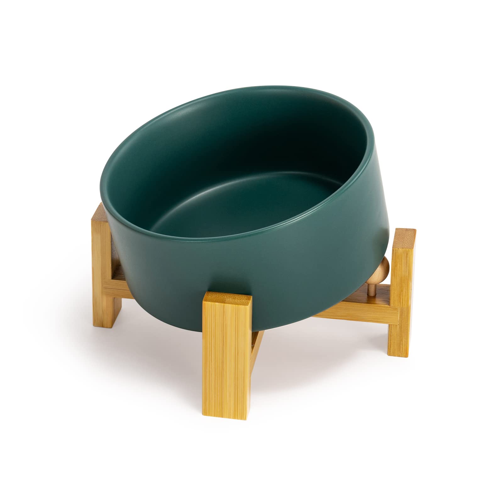 SPUNKYJUNKY 15° Slanted Ceramic Dog and Cat Bowl with Wooden Stand, Tilted Bulldog Food and Water Bowl No Slip Non-Spill for Cats Medium Dogs Big Face