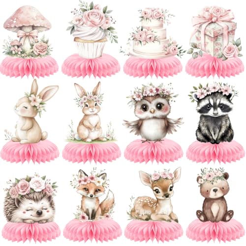 Woodland Baby Shower Decorations Centerpieces - 12Pcs Pink Woodland Animals Baby Shower Centerpieces for Table Girl, Woodland Animals Baby Shower