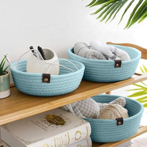 Image of Handmade Jute Cotton Storage Baskets Set of 3 for Dining Table, Fruit Basket & Roti Bowl, Cane Style Organizer for Kitchen, Home Decor, Washable Multipurpose (Aqua)