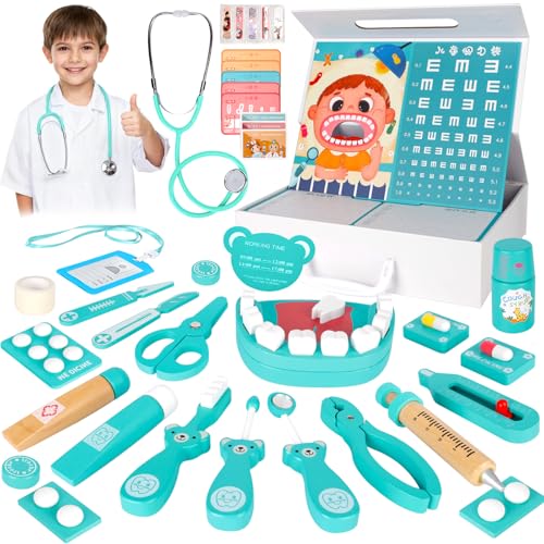 YGVQN Maletín de Doctor Niño de Madera, 27 Piezas Accesorios de Dentista y Juguetes Médicos, Maletín de Doctor para Juegos de Roles, Juguete Educativo para Niños y Niñas a Partir de 3 Años