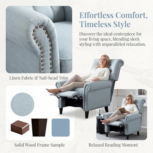 Image of Oversized Tufted Linen Manual Single Lounge Recliner Chair, Blue | Tufted Linen Fabric Manual Recliner Chair, Oversized Lazy Boy Recliner with Rolled Armrest, Breathable Fabric