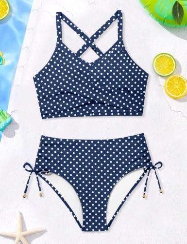 Image of Teen Girls Swimsuits V-Neck Bikini Set Bathing Suits Cross Straps Two Piece Swimwear with Drawstring