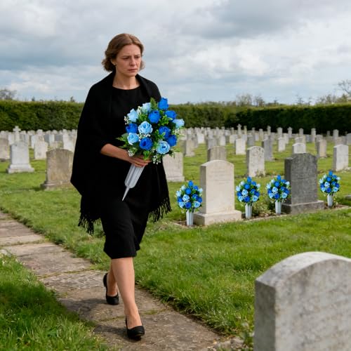 Artificial Cemetery Flowers for Grave Decorations, Memorial Roses Flowers Bouquet with Vase for Cemetery Headstones Decoration, 2 Sets (Dark Blue&Light Blue) image 4