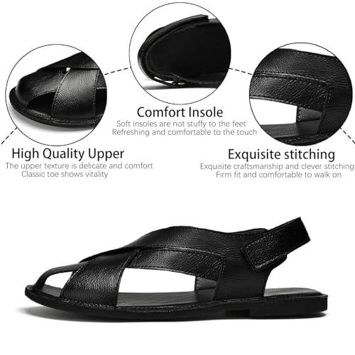 Image of Men's Genuine Leather Hook Loop Fisherman Sandals Hollow Out Breathable Lightweight Slip On Closed Toe Summer Casual Flat Sandals for Driving Walking Beach Shoes