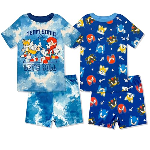 Sonic The Hedgehog Boys Pajama Set - 4 Piece Short Sleeve & Shorts Sleepwear Snug-Fit Kids Summer Pajamas - Official License