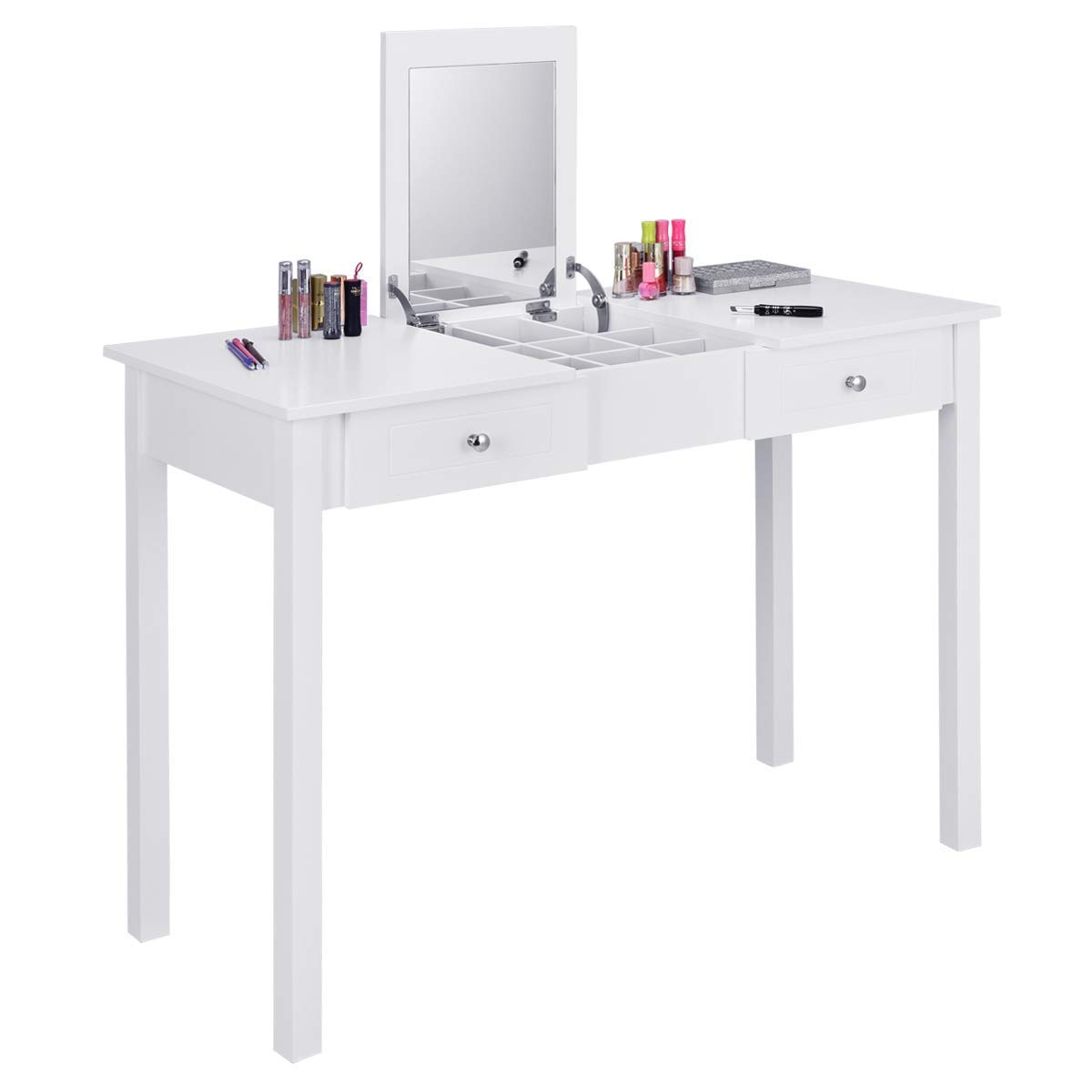 Casart Vanity Dressing Table with Flip Makeup Mirror, Simple Style Multifunctional as Writing Desk with 9 Removable Divider Organizers for Storage, Vanity Tables Organizer w/ 2 Drawers, White