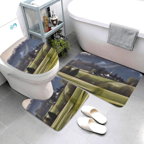 YoupO Slowenische ländliche Landschaft Druck Badezimmer Teppiche Sets 3 Stück saugfähige WC-Deckelbezug rutschfeste U-förmige Konturmatte für Toilette Badezimmer – Bild 4