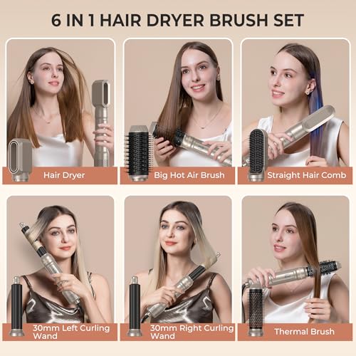 Image of 6 in ONE Blow Dryer Brush,Air Curling Iron Round Brush Blow Dryer 800W,Ionic Hair Dryer Brush for Women, Hot Air Brush Hair Styling Tools 100-120V