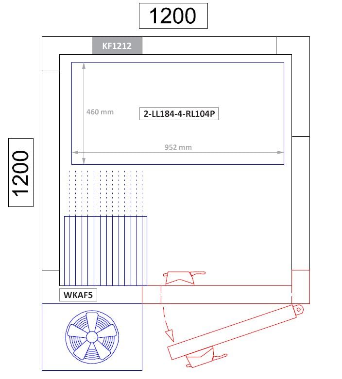 Diagram showing internal components and dimensions of the cold room
