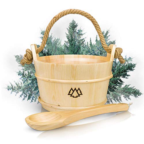 NORDHOLZ® Sauna Eimer mit Kelle aus 100% nordischer Fichte - Hochwertiges Sauna Zubehör - Einsatz, Hanftrageseil & Gratis E-Book - Wellness Aufguss Komplett Paket - Saunaeimer Set