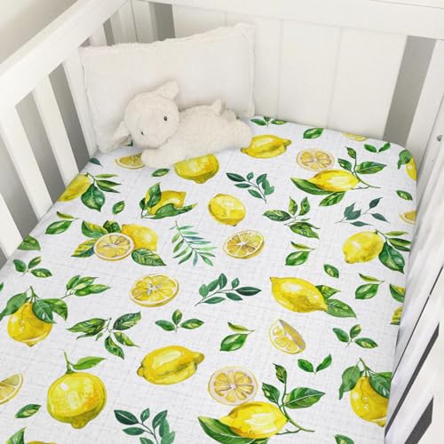 Image of Watercolor Fresh Lemons Baby Crib Sheet 52''x28'' Summer Lemon Green Leaves Stretchy Fitted Crib Mattress Cover for Boy Girl Tropical Fruit Soft Nursery Bed Sheet for Standard Crib Toddler Mattress