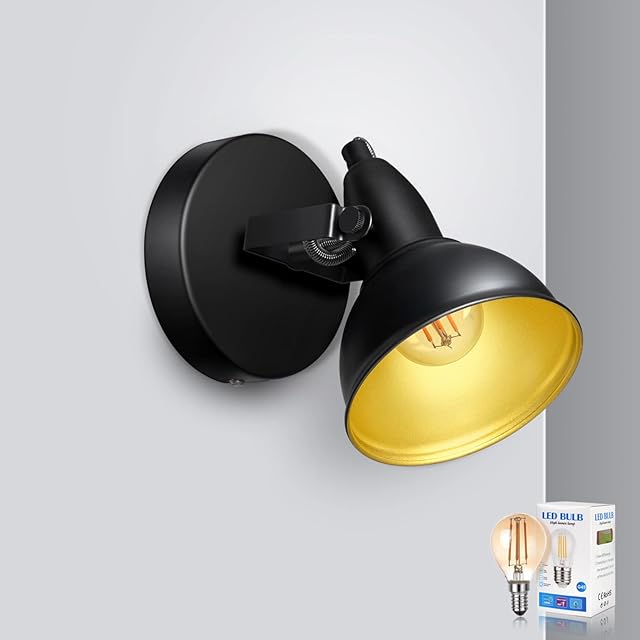 Unikcst Retro Wall Spotlights Adjustable Spot Lights Ceiling Black E14 Lighting Fixture for Indoor Bedroom Living Room, Incl. 4W LED Bulb Warm White
