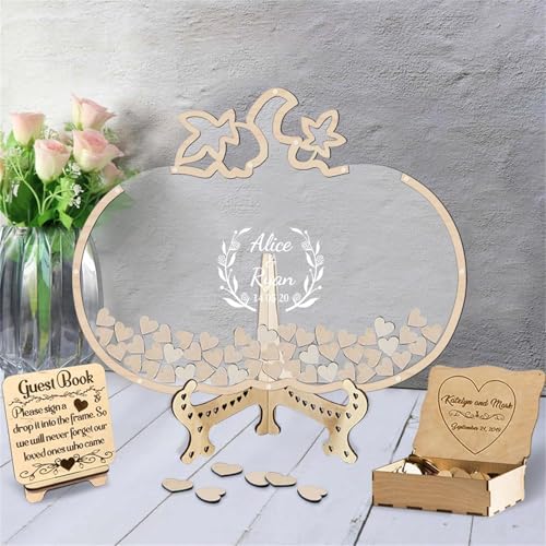 Libro degli ospiti per matrimonio con zucca, personalizzabile, libro degli ospiti con zucca di Halloween, libro degli ospiti per ricevimento di nozze, con 30-100 cuori in legno per decorazioni di