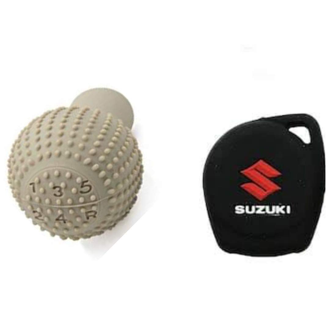 SampCombo of Swift Key Cover (Car Key Cover (Silicone) for Maruti Suzuki/Nexa Baleno, Swift (Black)+ Beige Gear knob