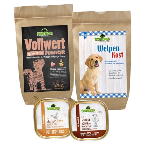 Schecker Hundefutter - Probierpaket für Welpen - 2 x Trockenfutter und 2 x Nassfutter zum Testen- 1kg - mit Huhn- Rind und Ente