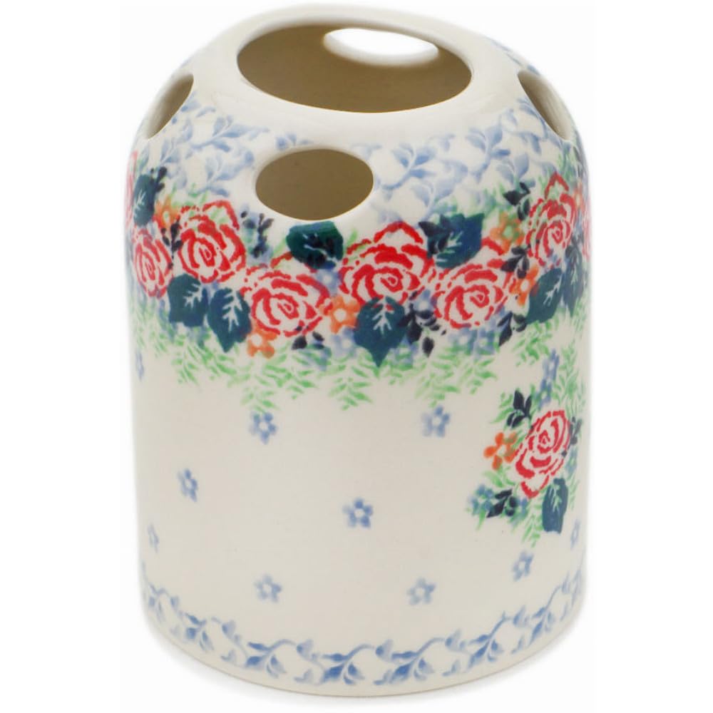 Authentic Polish Pottery Toothbrush Holder Signature UNIKAT in Rose Wreath Design Handmade in Boles?awiec Poland by Ceramika Artystyczna + Certificate of Authenticity