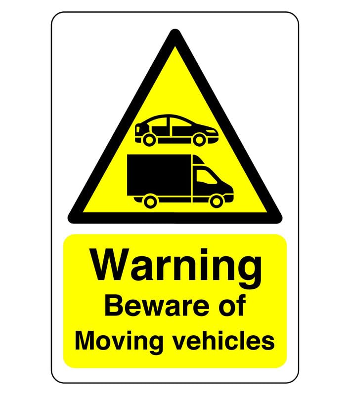 Safety First Display LTD Warning Beware moving vehicles sign- 3mm Aluminum Dibond for indoor/outdoor usage (600mm x 400mm) 20m Viewing Distance.