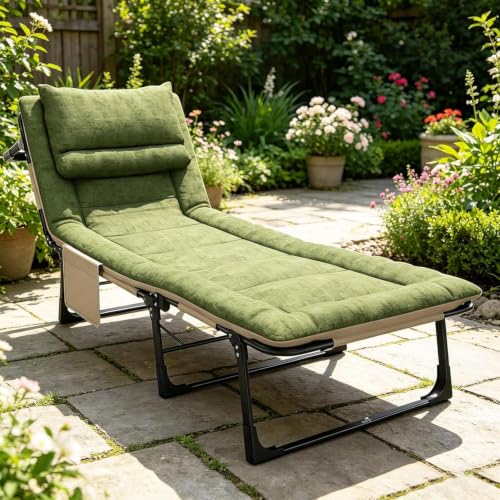 Image of DOLPHY Portable Folding Camping Cot Bed for Sleeping with Soft Cushion 6.2 Feet with Headrest 6-Position Adjustable Backrest & Side Pocket for Home,Office,Camping and Travel (Upto 120 KG)