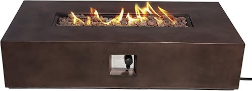Mesa de fuego de gas propano para patio, 50,000 BTU para exteriores, rectangular, acabado similar al hormigón con rocas de lava, cubierta de lluvia,