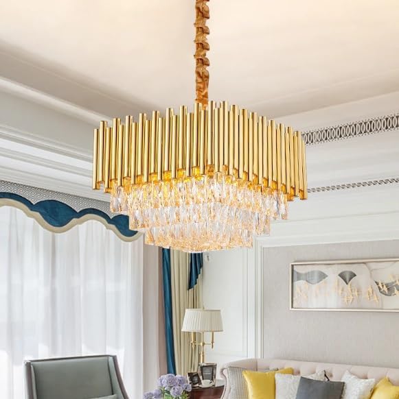 Image of Modern Crystal Square Gold 400mm Chandelier Pendant Ceiling Light Fixture Flush Mount Chandelier for Dining Room Living Room Bedroom Foyer Hallway Entryway