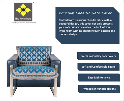 Image of Premium Chenille Woven Anti-Slip 1 Seater Sofa Cover | L-Shape Sofa Seat Protector for Living Room | Durable & Stylish Slipcover - Turquoise - Floral