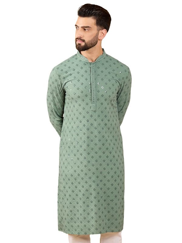 Image of Men's Solid Embroidered Long Straight Kurta | Men's Kurta | Embroidered Chikankari Kurta for Men | Straight Fit Kurta for Men